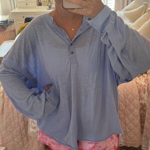 Free People Blue Button-Up Oversized Top